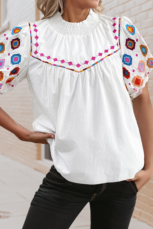 Embroidered Smocked Neck Puff Sleeve Top (S-2XL)