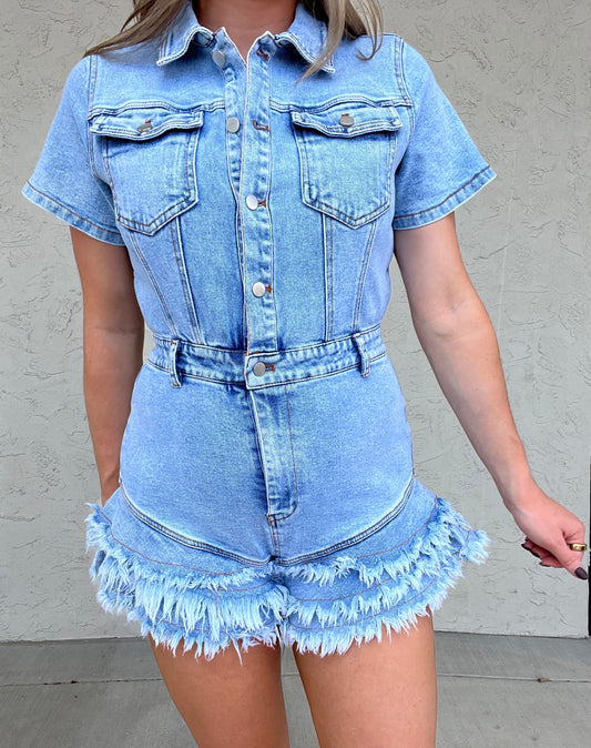 Denim Button Down Frayed Hem Romper