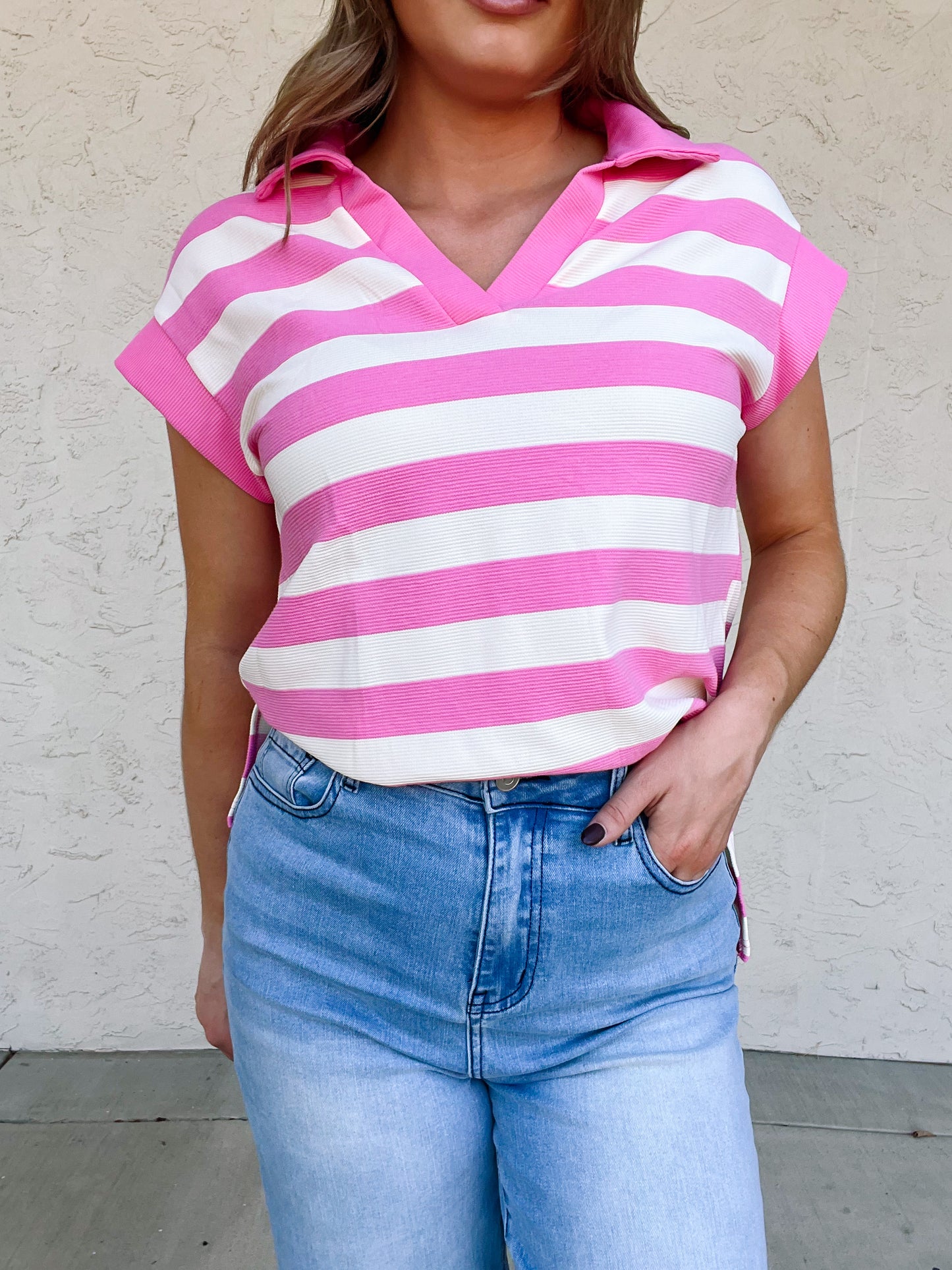 Women Stripe Print Collared Cap Sleeve Top | S-XL