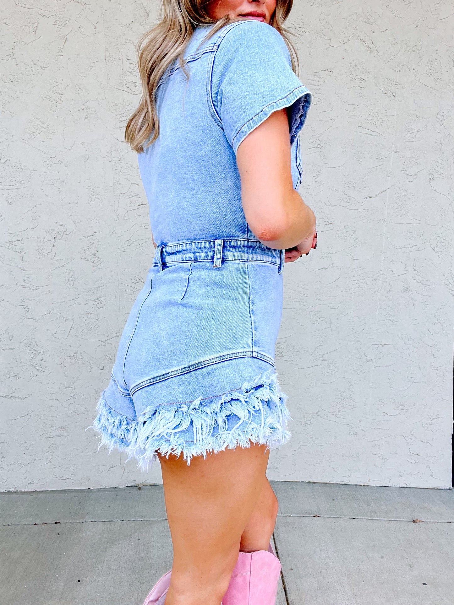 Denim Button Down Frayed Hem Romper