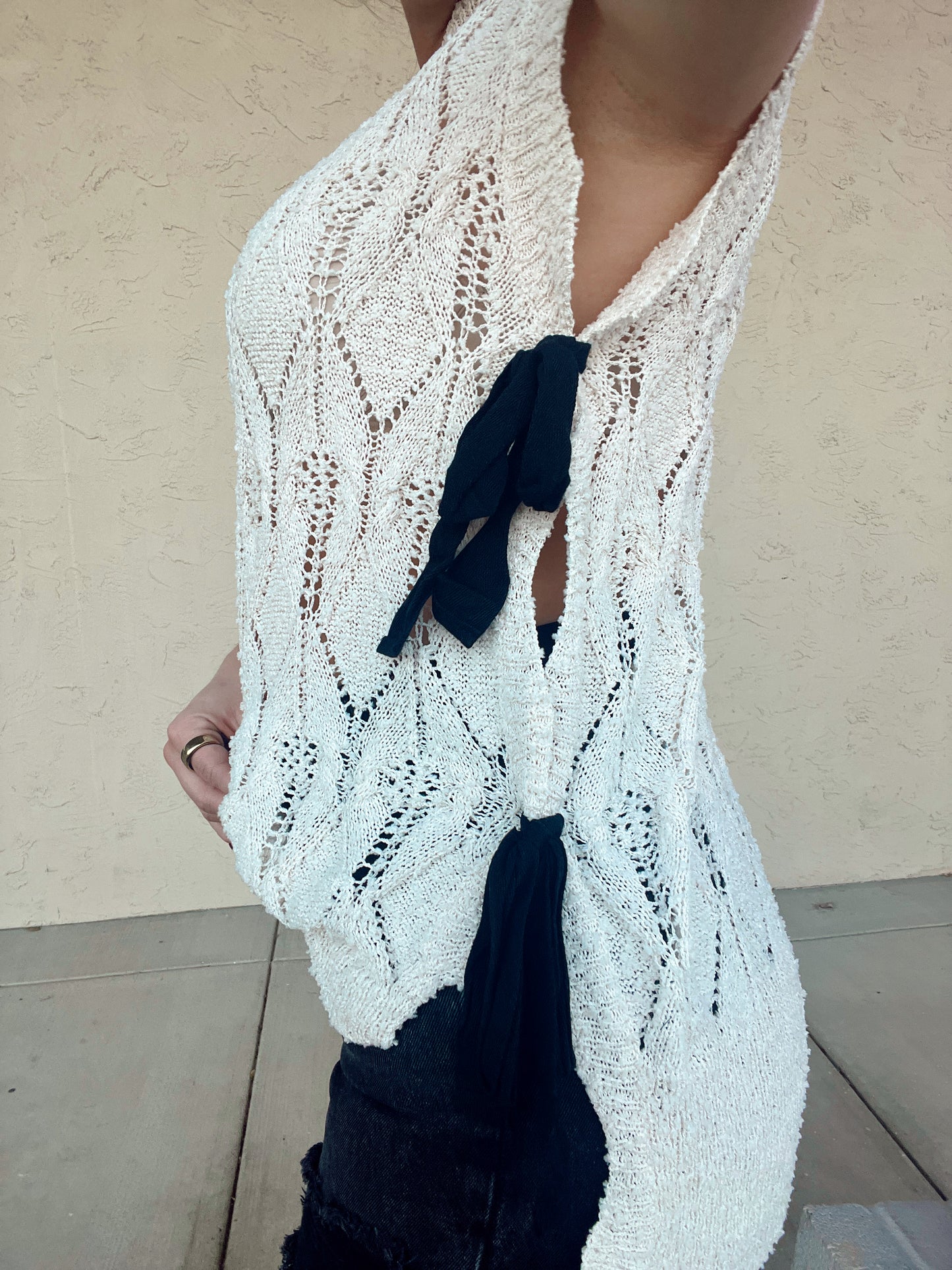 Ribbon Trimmed Semi Crop Sweater