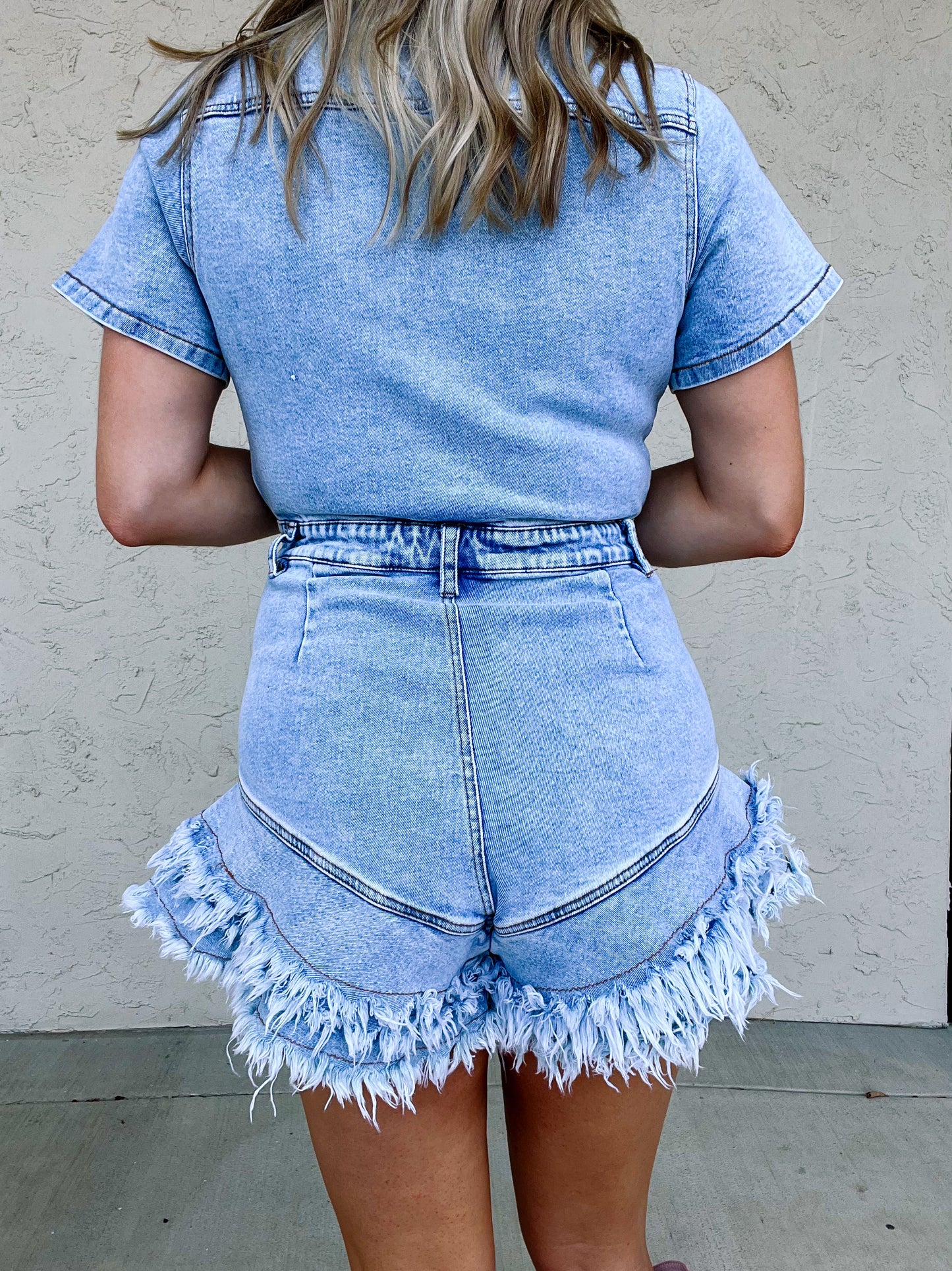 Denim Button Down Frayed Hem Romper