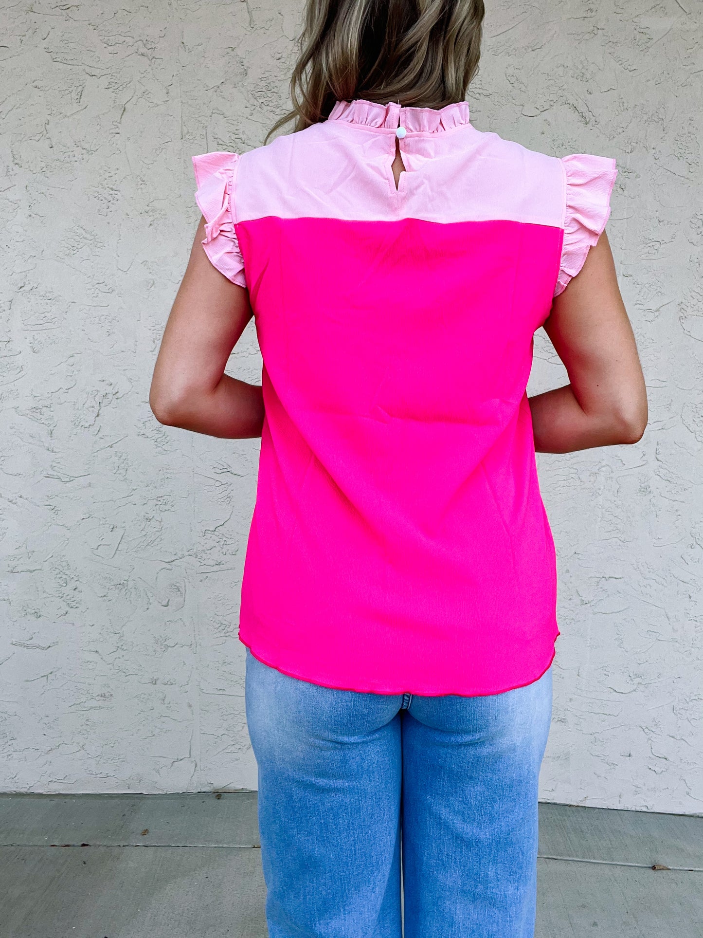 Two Tone Ruffled Flutter Sleeve Blouse (S-XL)