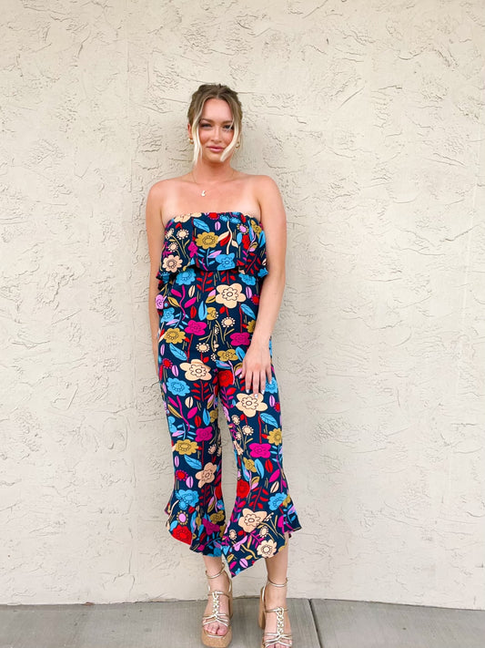 Women Tropical Print Strapless Ruffled Jumpsuit | S-XL