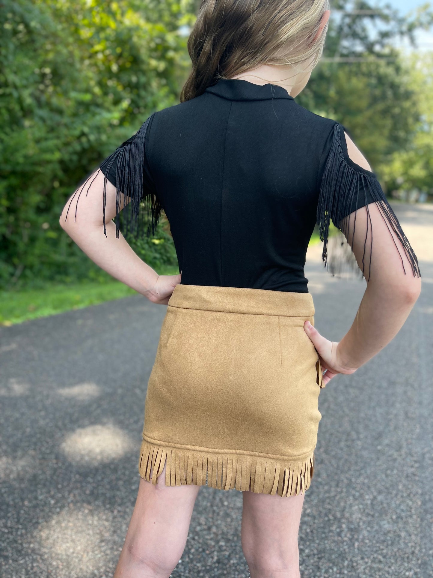 GIRLS faux suede fringe skirt