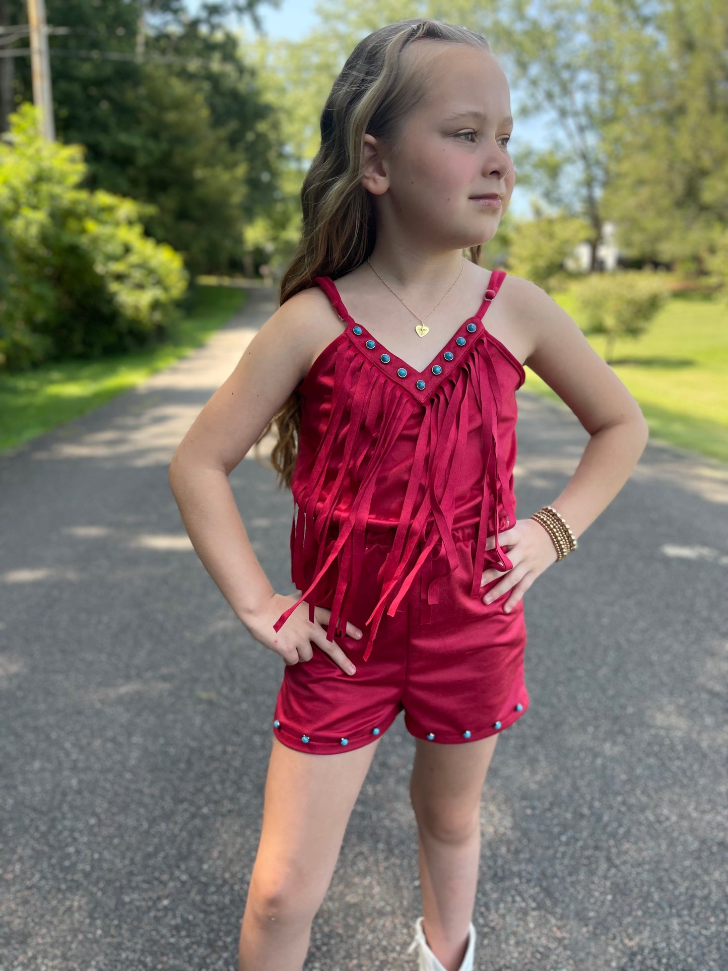 GIRLS RED faux SUEDE AZTEC~fringe romper