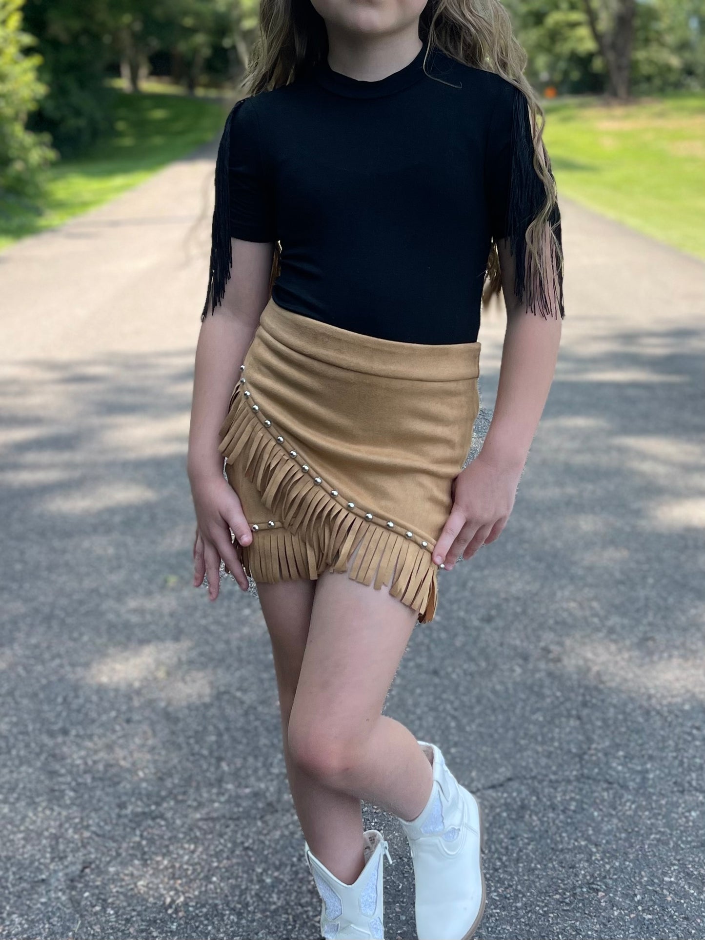 GIRLS faux suede fringe skirt