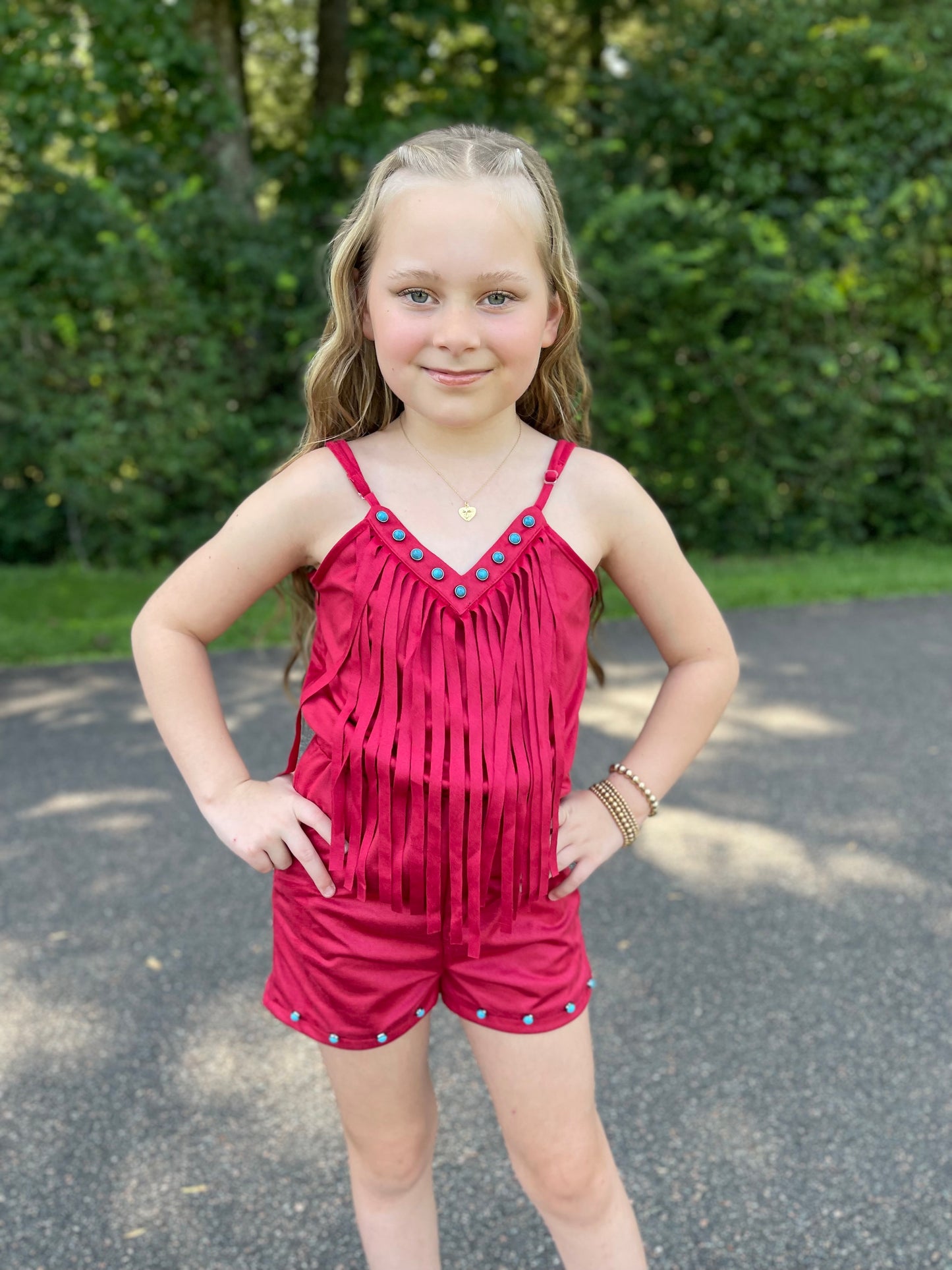 GIRLS RED faux SUEDE AZTEC~fringe romper