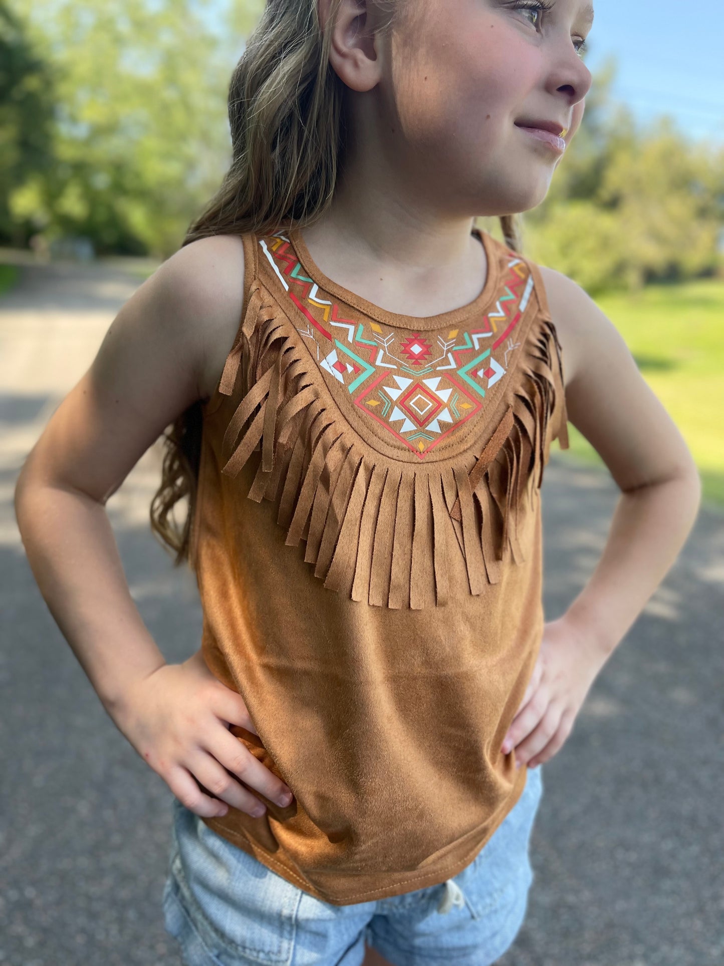 GIRLS Aztec faux suede fringe tank