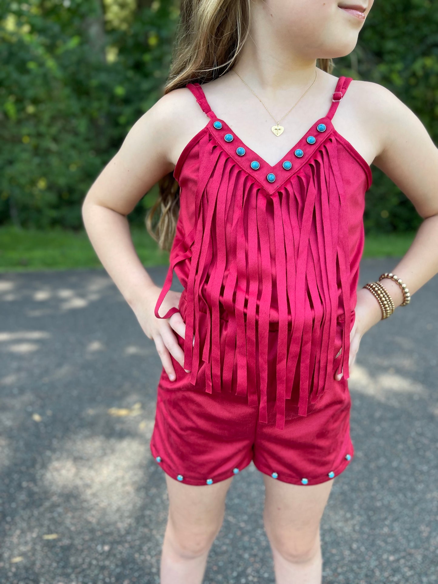 GIRLS RED faux SUEDE AZTEC~fringe romper