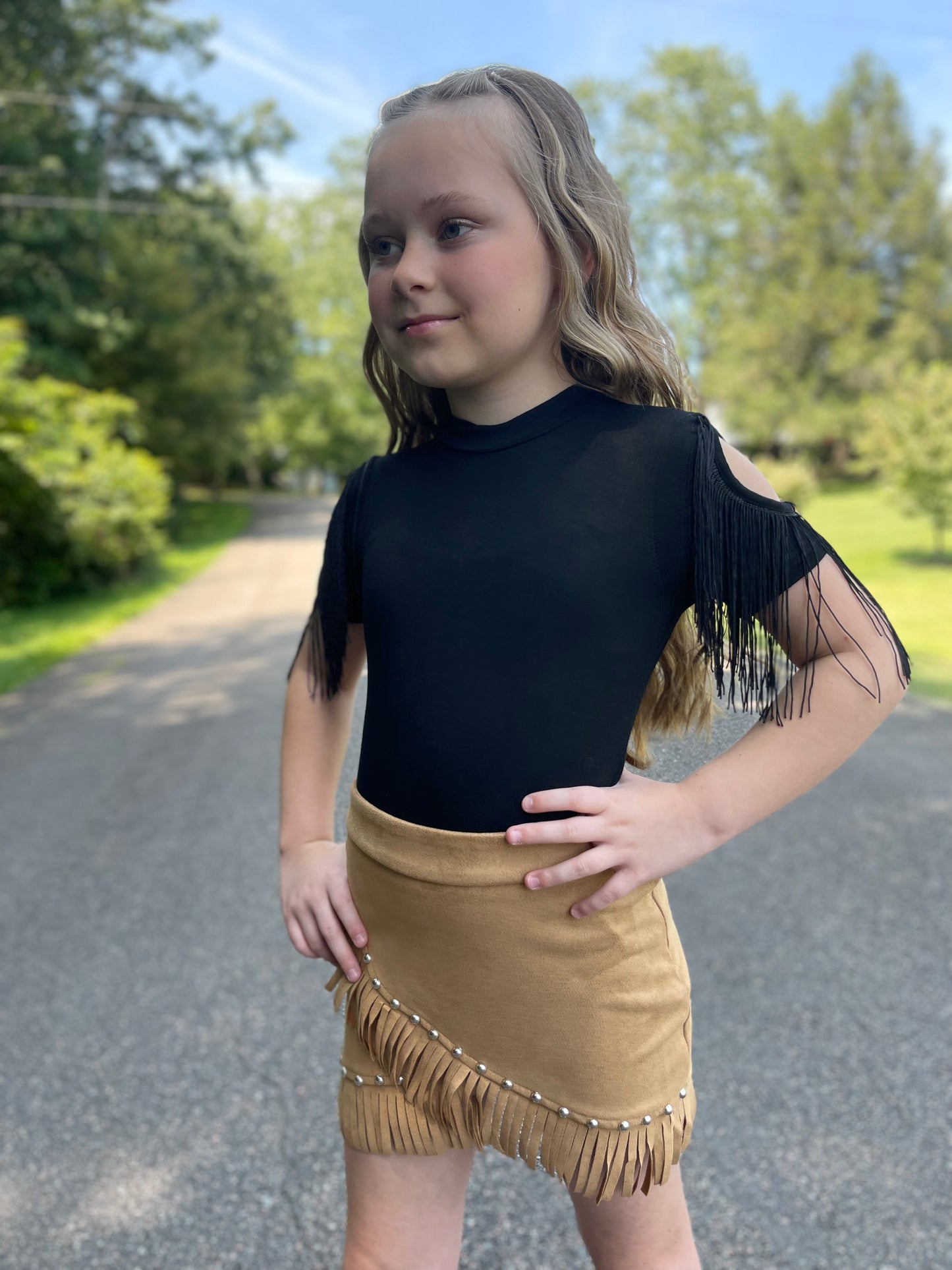 GIRLS faux suede fringe skirt